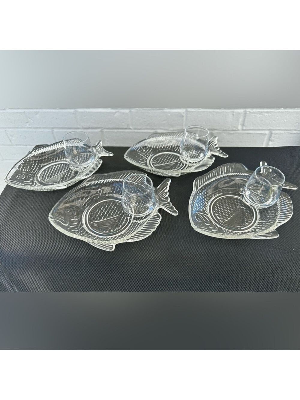 Vintage Glass Fish-Shaped Lunch Plates Set of 4 with 4 cups for your condiments.